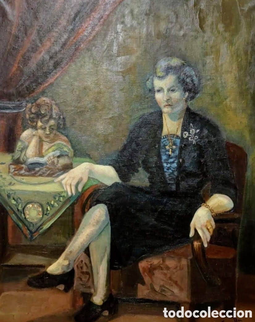 Arte: F. COMELLAS. OLEO. TELA. 1953. RETRATO CON. MESA. Y LA SE&Ntilde;ORA. 100 X 81
