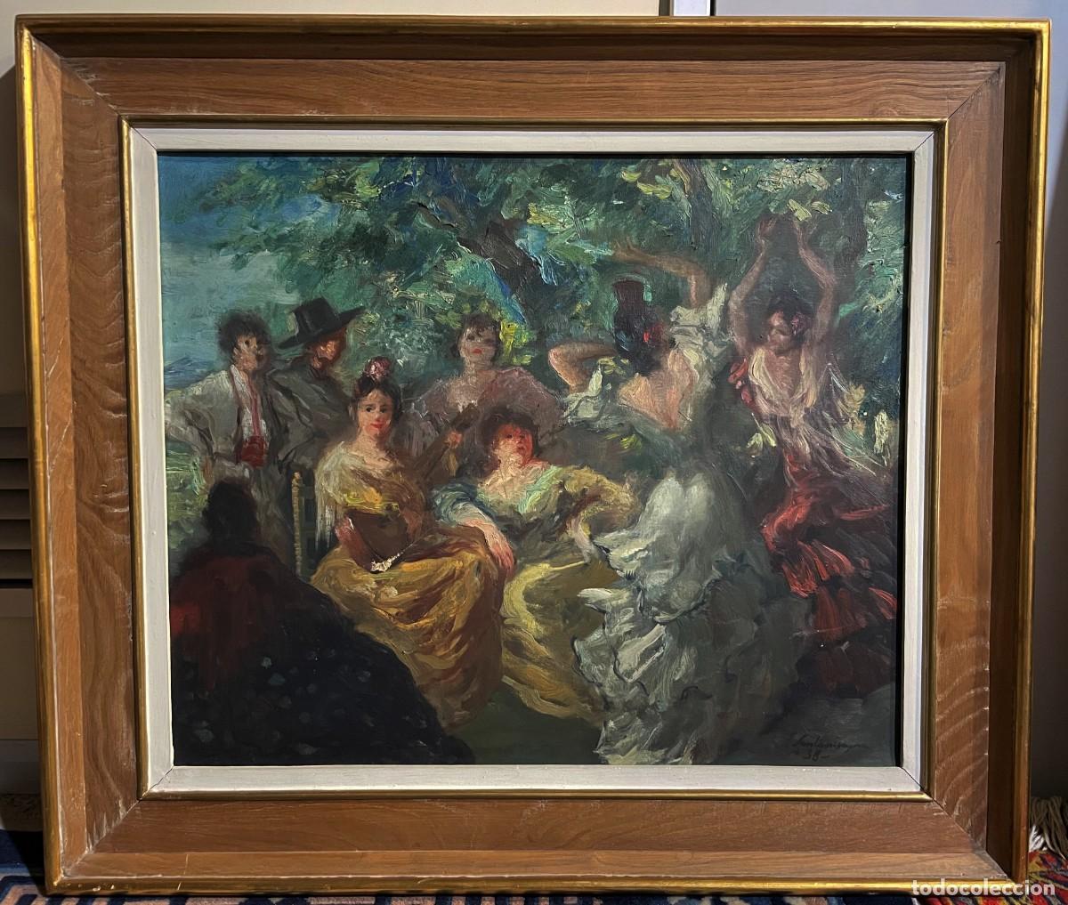 Arte: ERNEST SANTASUSAGNA I SANTACREU ( 1900-1964) - OLEO LIENZO - BAILE DE GITANAS 1938.