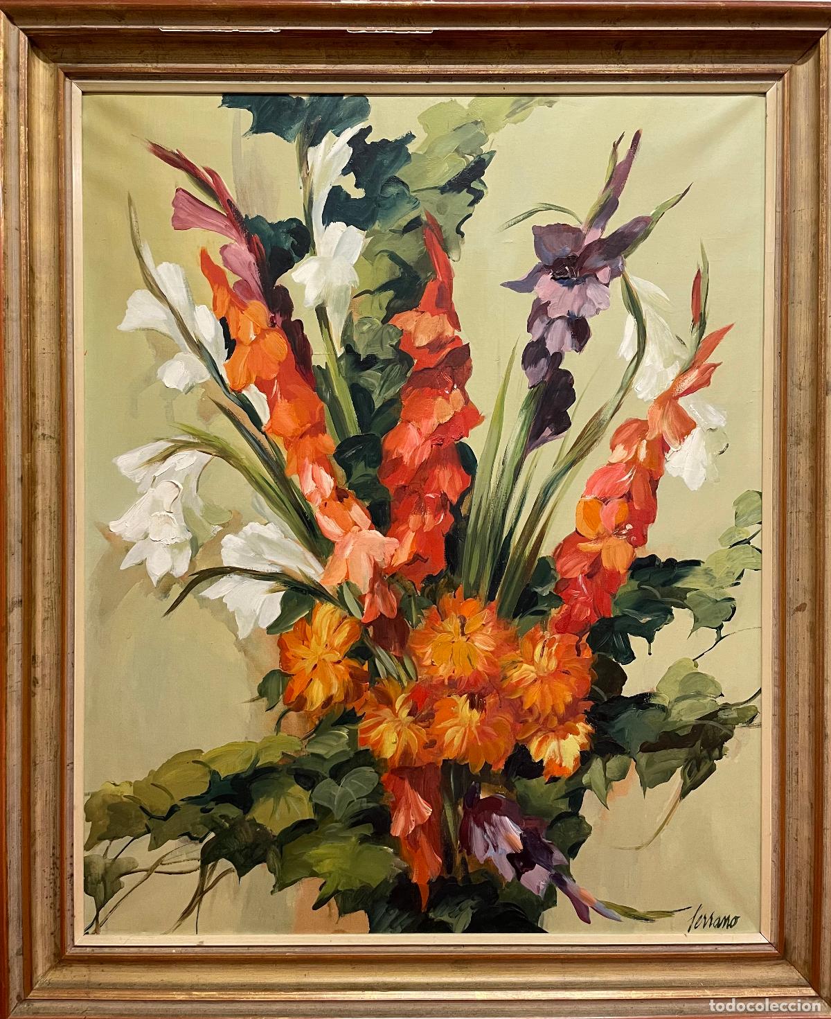 Arte: JOSEP MIQUEL SERRANO SERRA. RAMO DE GLADIOLAS. OLEO SOBRE LIENZO. ESPA&Ntilde;A. SIGLO XX