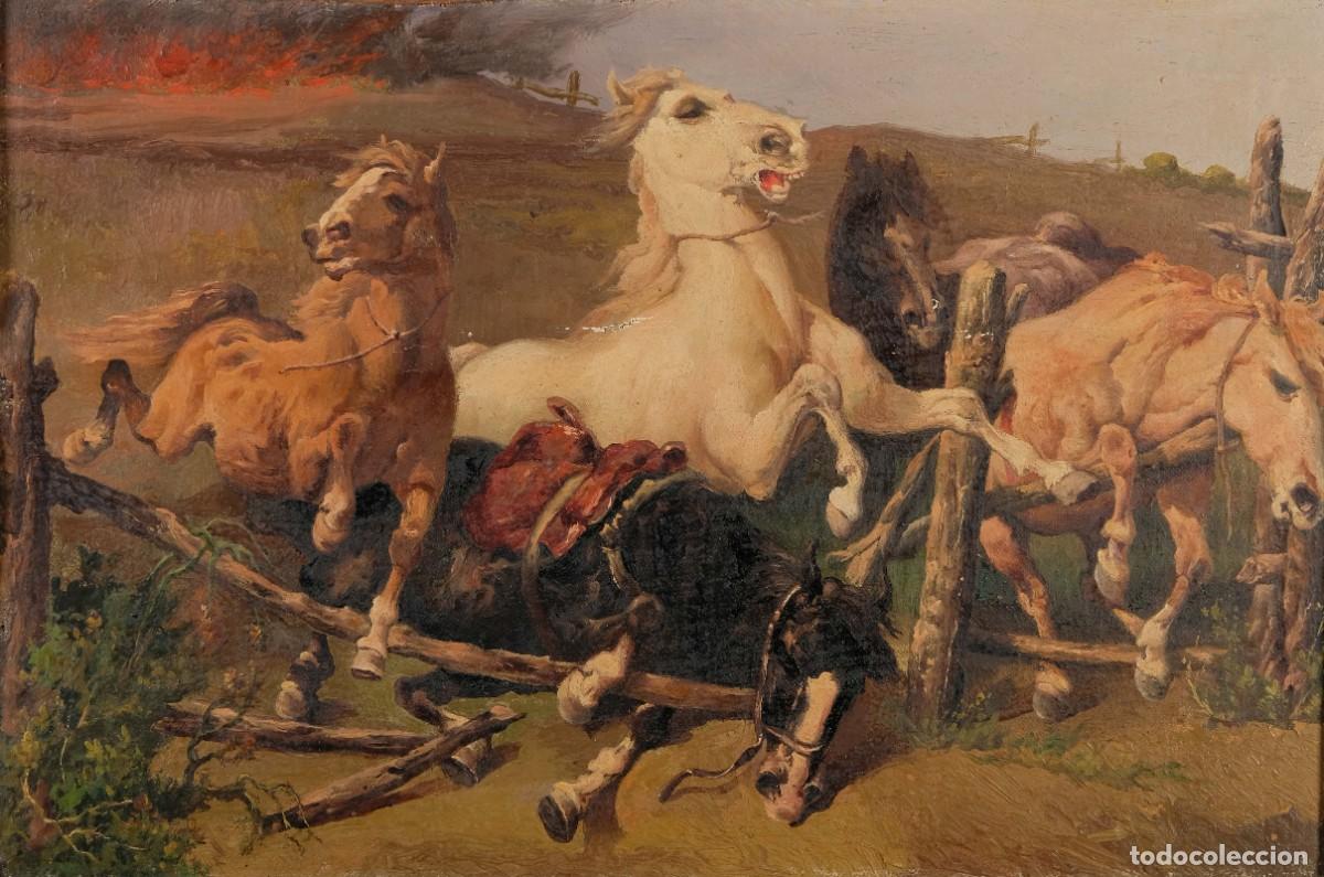 Arte: &Oacute;leo sobre lienzo pegado a t&aacute;blex Caballos - Foto 1