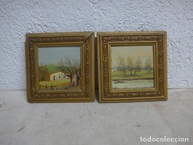 Arte: Antigua pareja de cuadros peque&ntilde;os, oleo pintado sobre tabla, paisajes, originales.