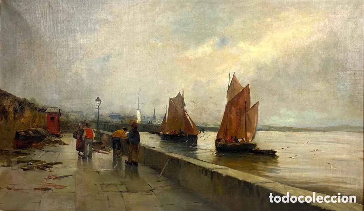 Art: IMPORTANTE VISTA DE UN PUERTO FLAMENCO - SIGLO XIX - OLEO LIENZO - 68 X 108 CM
