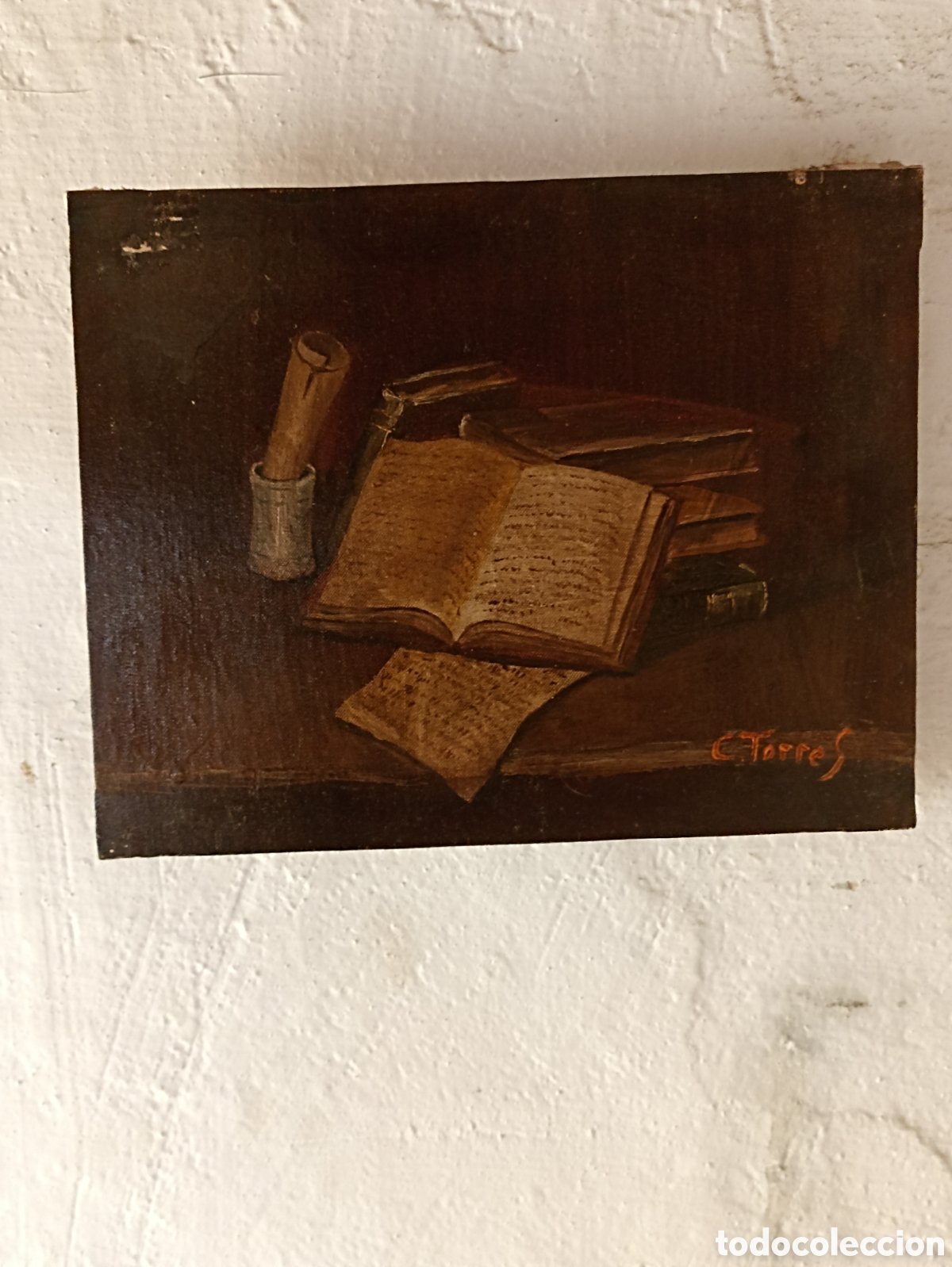 Arte: Pintura oleo libros c torres - Foto 2