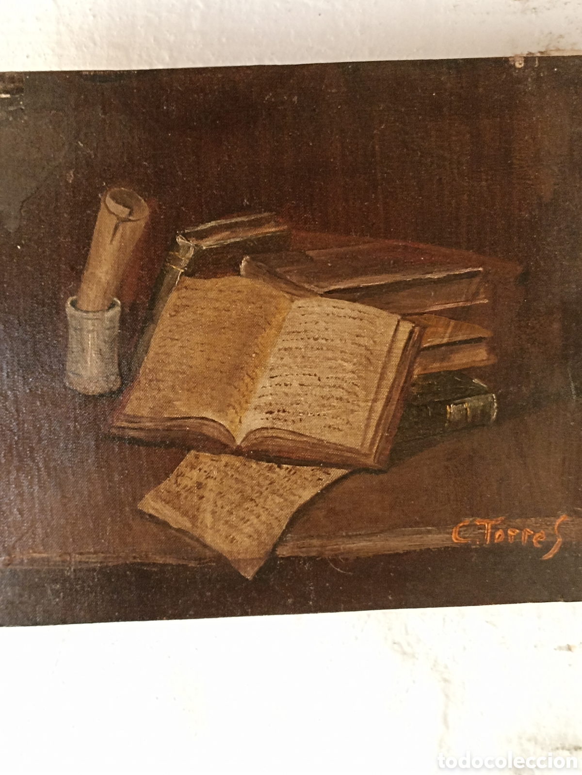Arte: Pintura oleo libros c torres - Foto 1