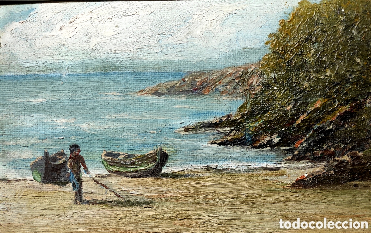 Arte: Marina pintada al oleo escuela valenciana o catalana primera mitad del XX