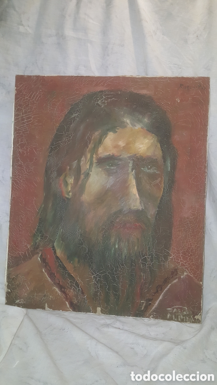 Arte: ANTIGUO RETRATO DE RASPUT&Iacute;N AL &Oacute;LEO FIRMADO ILEGIBLE 61X50CM