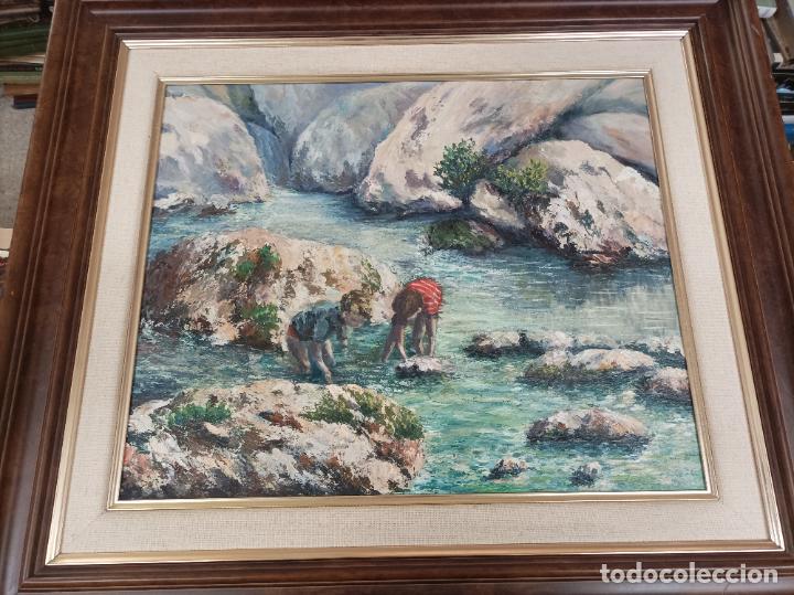 Arte: MARAVILLOSO &Oacute;LEO EN TELA DE NI&Ntilde;OS JUGANDO EN EL R&Iacute;O - TORRENTE . SIN FIRMA . 64 X 56 CON MARCO .