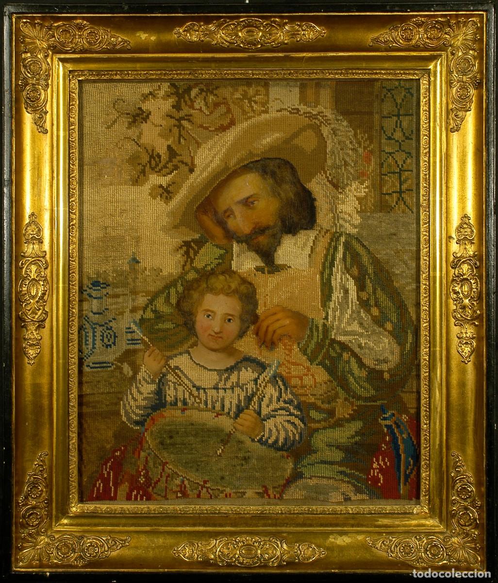 Arte: PINTURA RETRATO AL OLEO Y BORDADO PETIT POINT. FRANCE SIGLO XIX