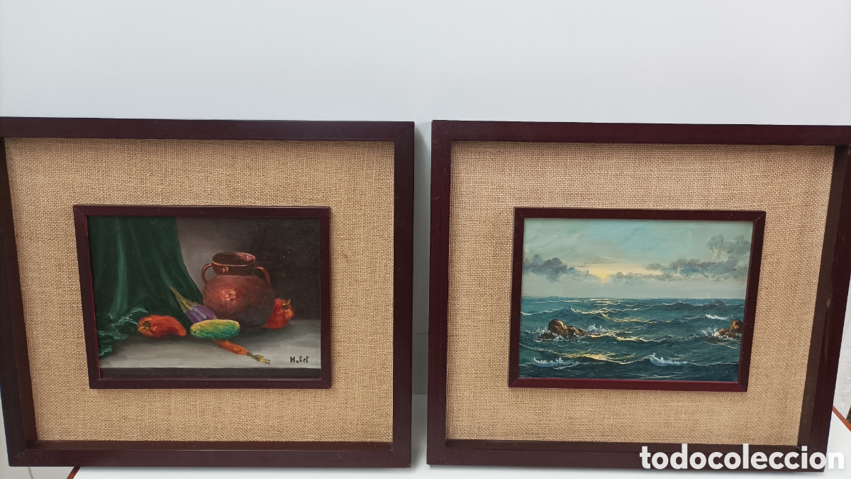 Arte: 2 Cuadros &oacute;leo sobre tabla bodegon y mar - Foto 1
