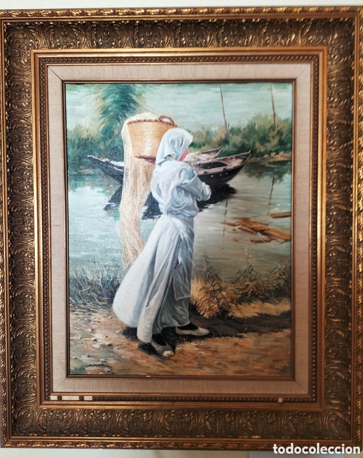 Arte: OLEO SOBRE LIENZO - FIRMADO JOSE ALBORS - PINTURA VALENCIANA - ESCUELA DE LA LUZ - MUJER CON CESTO -