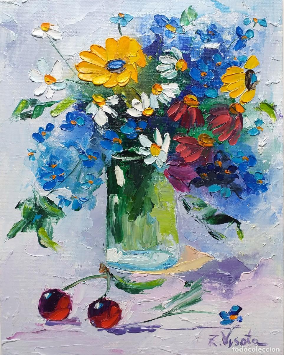 flores oleo sobre lienzo-panel pintura margarit - Compra venta en