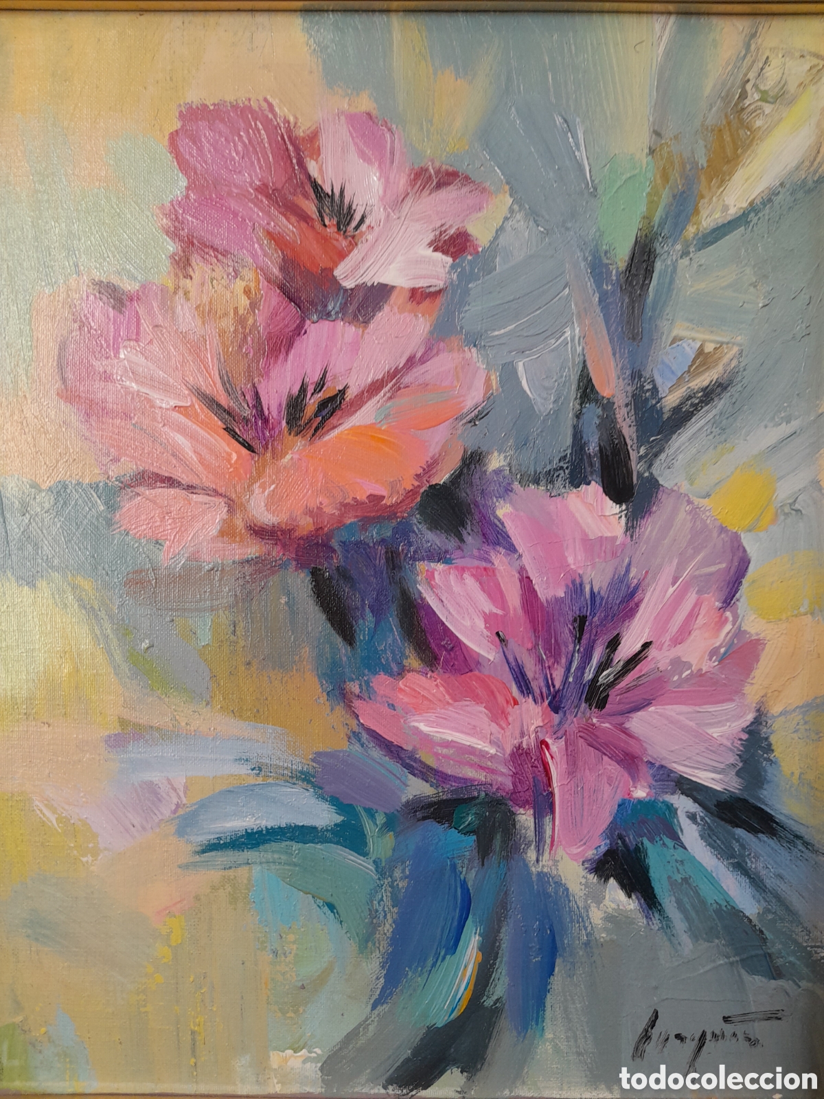 Arte: C-1430. &Oacute;LEO SOBRE TABLA. BODEG&Oacute;N FLORES. - Foto 2