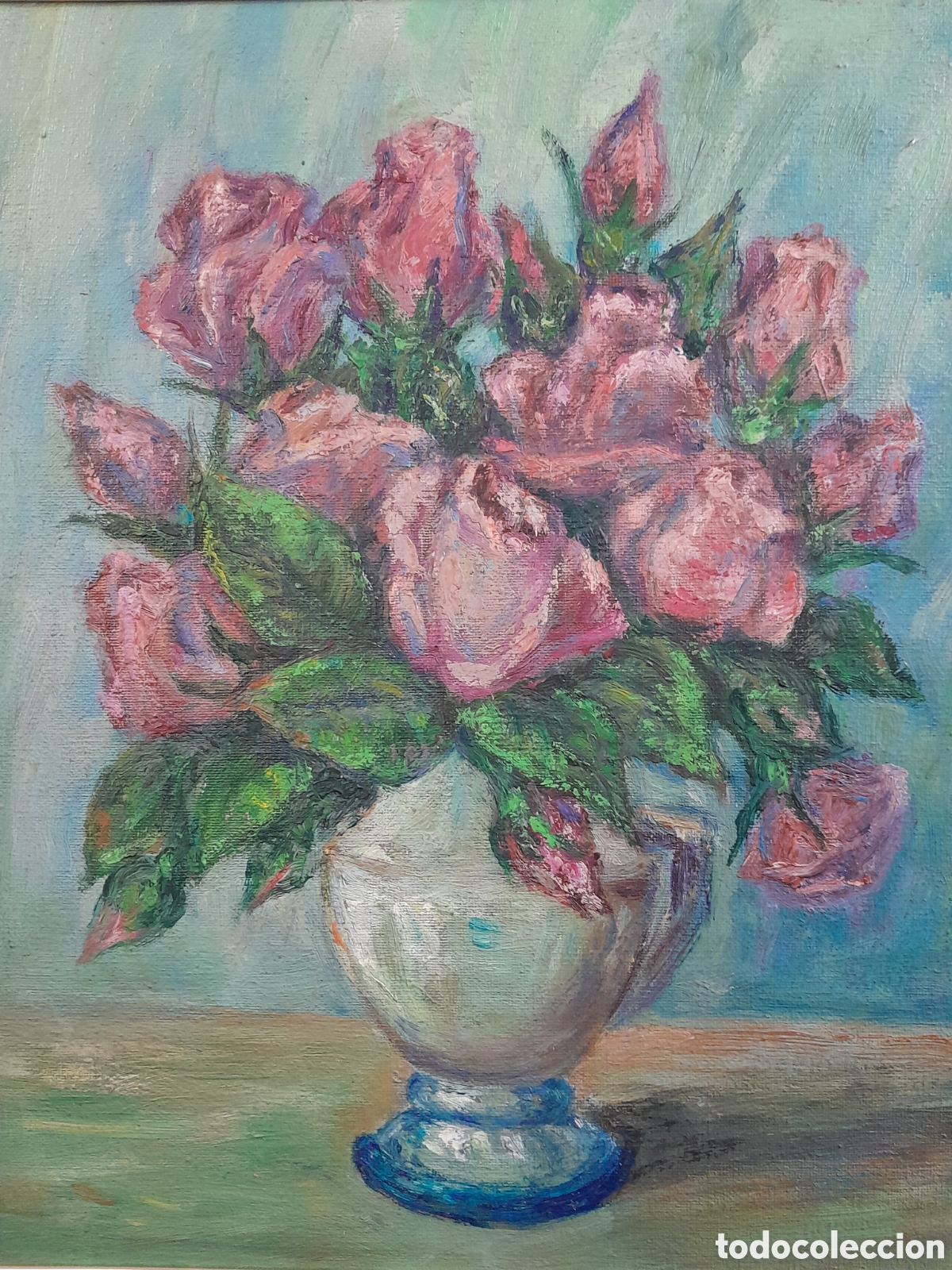 Arte: C-1429. &Oacute;LEO SOBRE TABLA. BODEG&Oacute;N FLORES. - Foto 2