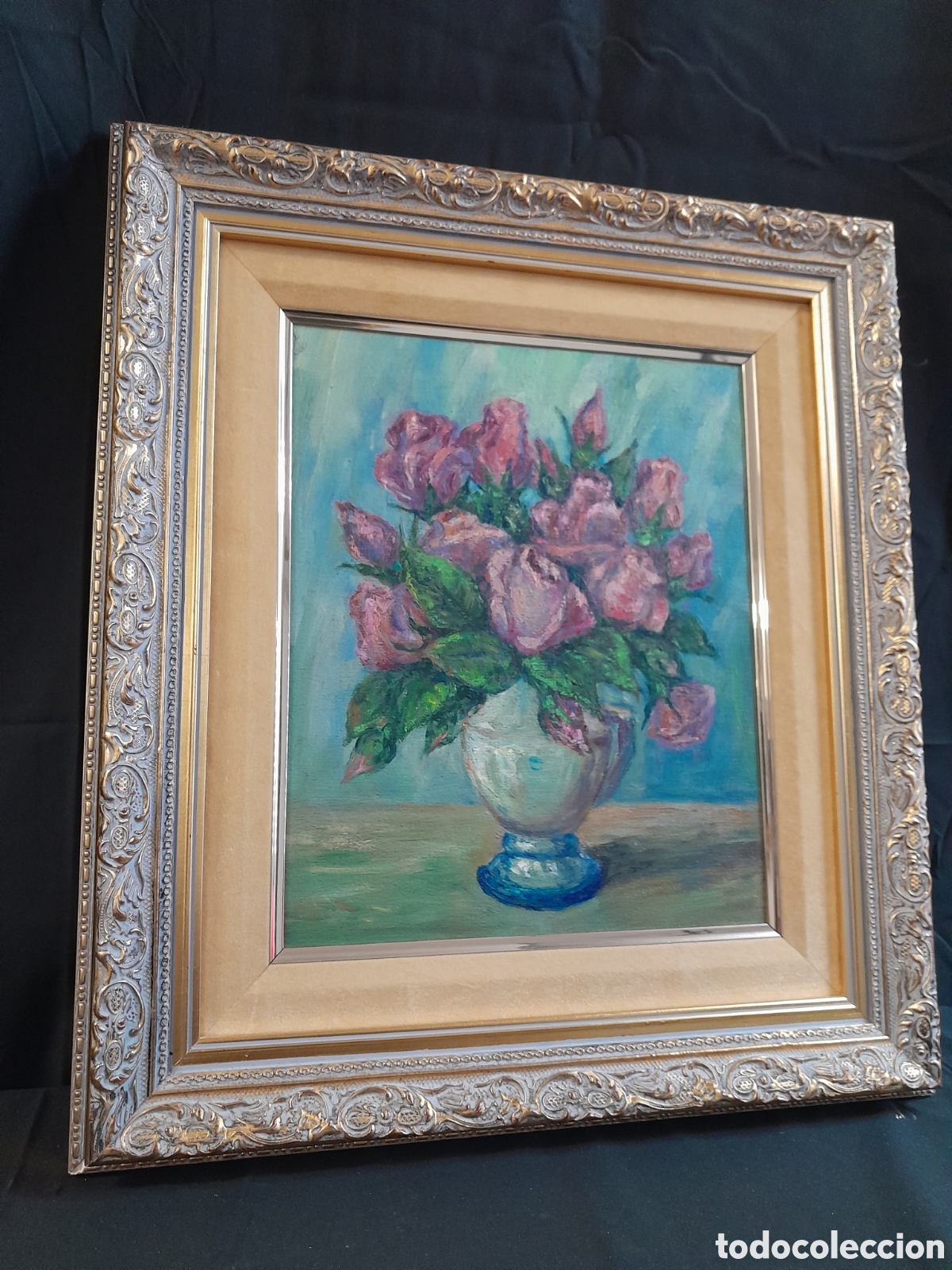 Arte: C-1429. &Oacute;LEO SOBRE TABLA. BODEG&Oacute;N FLORES. - Foto 3