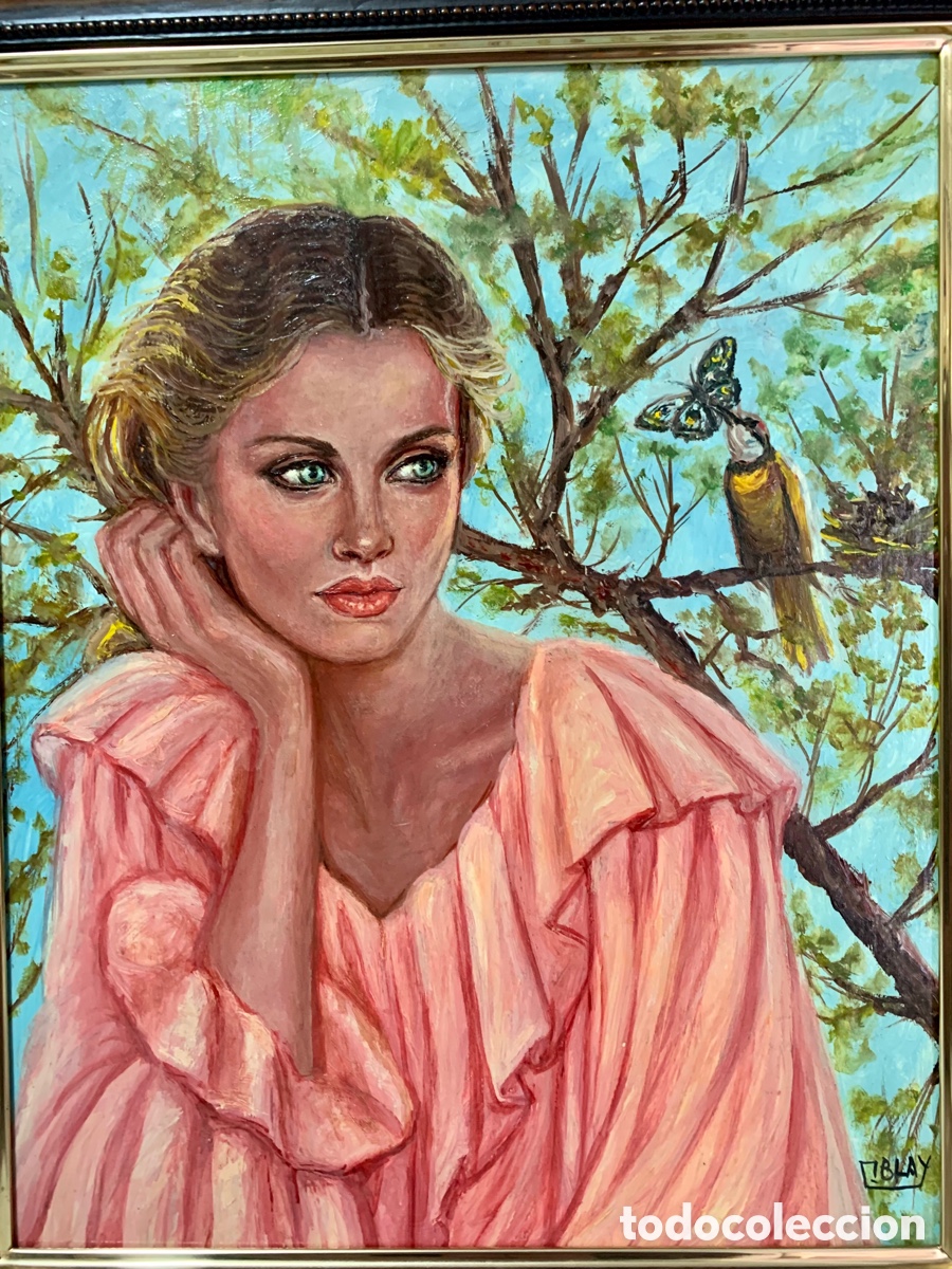 Arte: M. Blay , chica con pajaro, mariposa y nido, 27x34 obra y 36x43 con marco