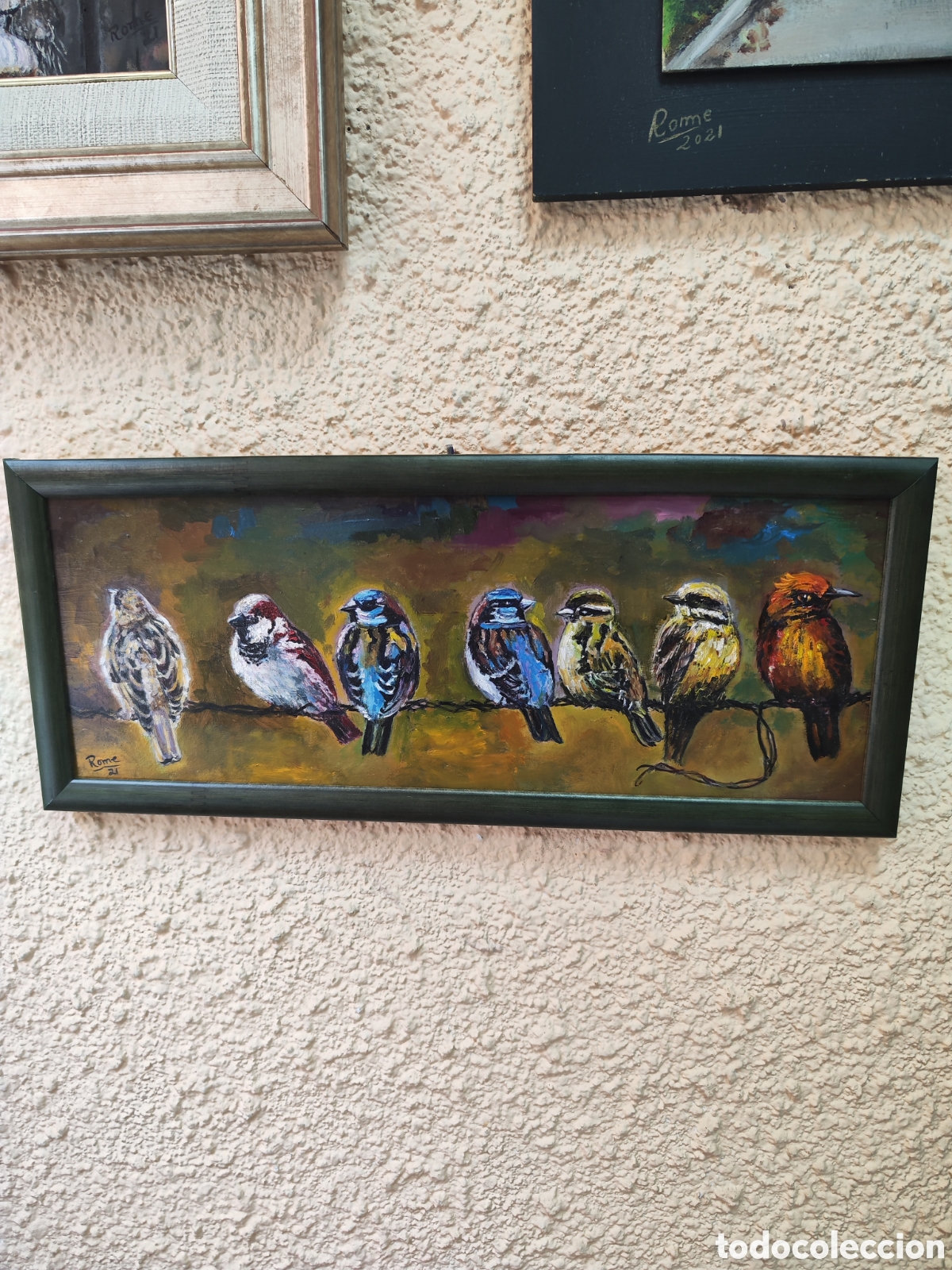 Arte: Pajaros de oleo en tabla enmarcado - Foto 1