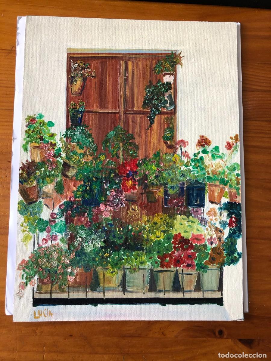 Arte: BALC&Oacute;N CON FLORES 1 &Oacute;LEO SOBRE TABLA - Foto 1