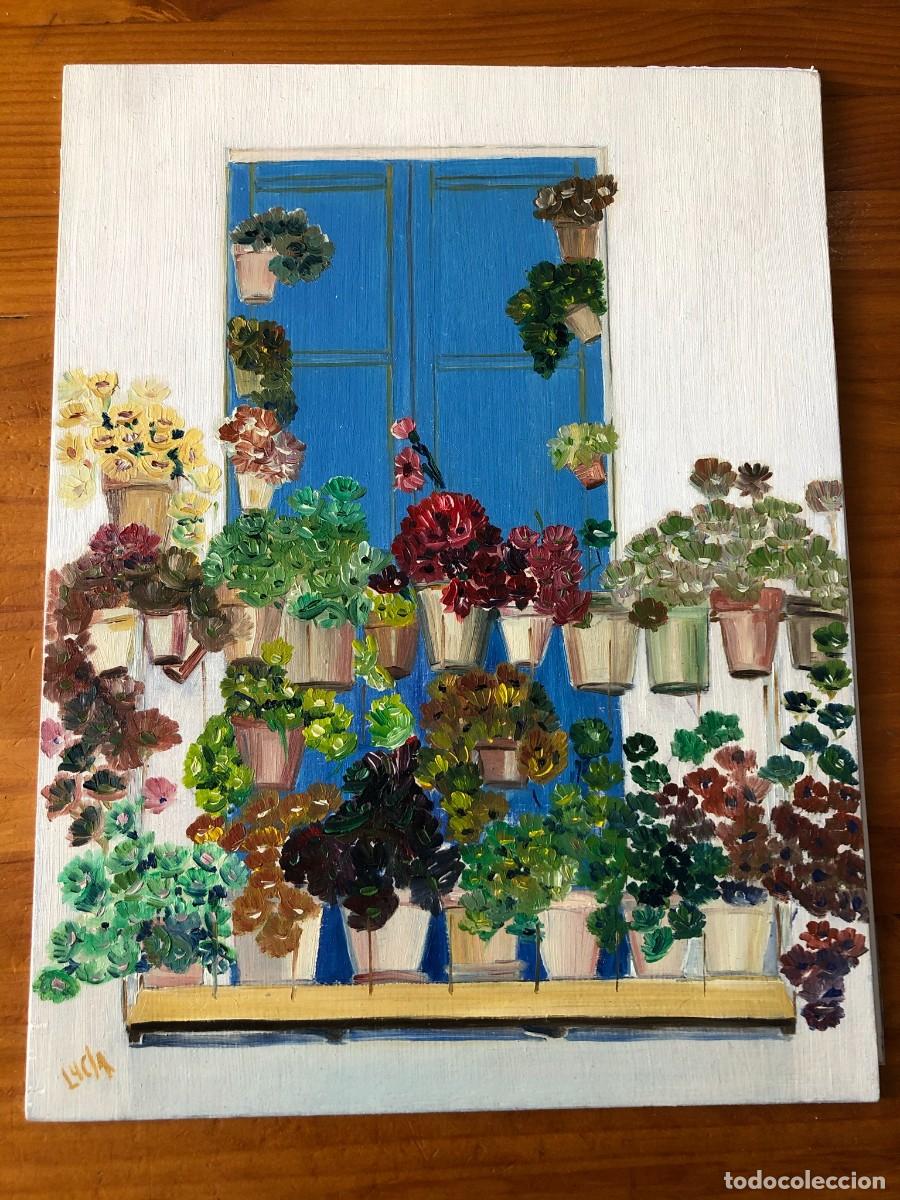 Arte: BALC&Oacute;N CON FLORES 2 &Oacute;LEO SOBRE TABLA - Foto 1