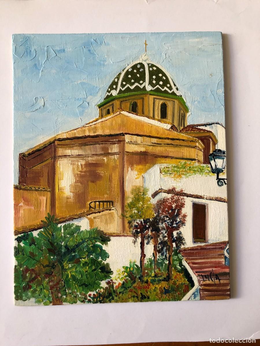 Arte: C&Uacute;PULA AZUL CON EDIFICIOS &Oacute;LEO SOBRE TABLA - Foto 1