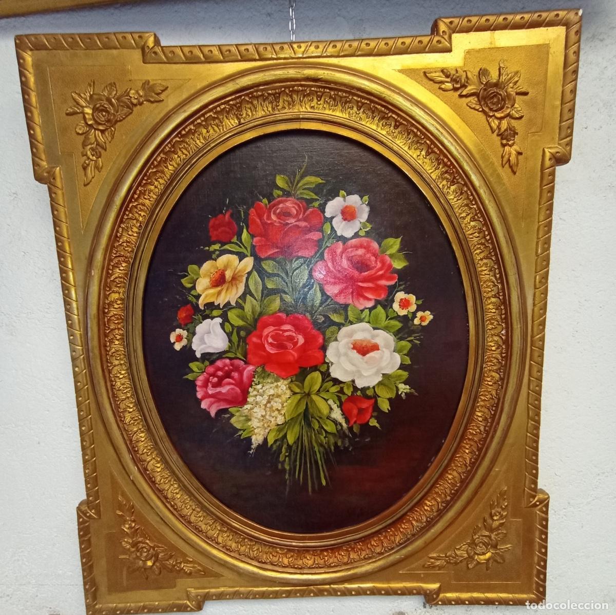 Kunst: Excelente cuadro de flores en &oacute;leo con marco dorado y tallado.A5