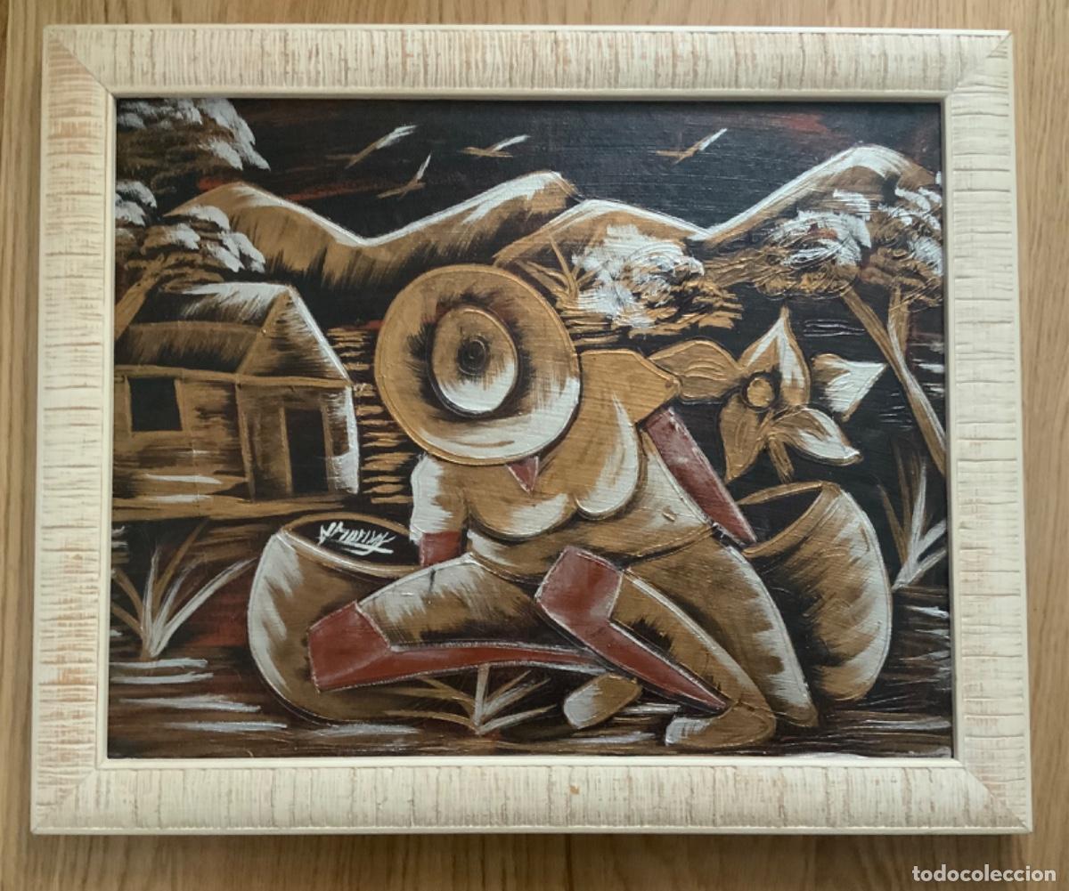 Arte: OLEO ETNICO MUJER RECOLECTANDO, FIRMADO 44 cm x 36,5 cm