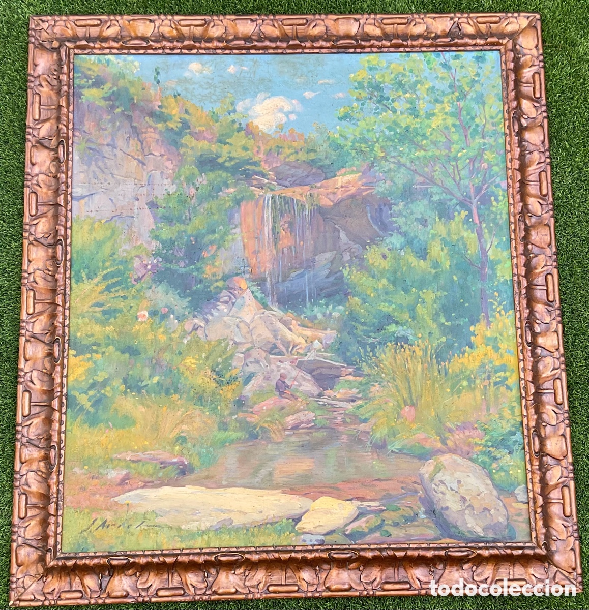 Arte: Josep Ariet Oleo lienzo impresionista paisaje pescador cascada