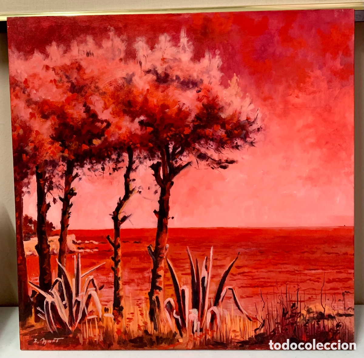 Arte: Isidre Nart Costa , paisage de la costa brava en tonos rojizos, 60x60 cm