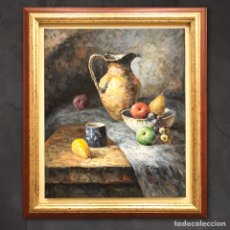 Arte: ”STILL LIFE WITH FRUITS, JUG AND CUP ON A MARBLE TABLE” T.DENVER, SEGUNDA MITAD DEL S.XX, 76X66CM