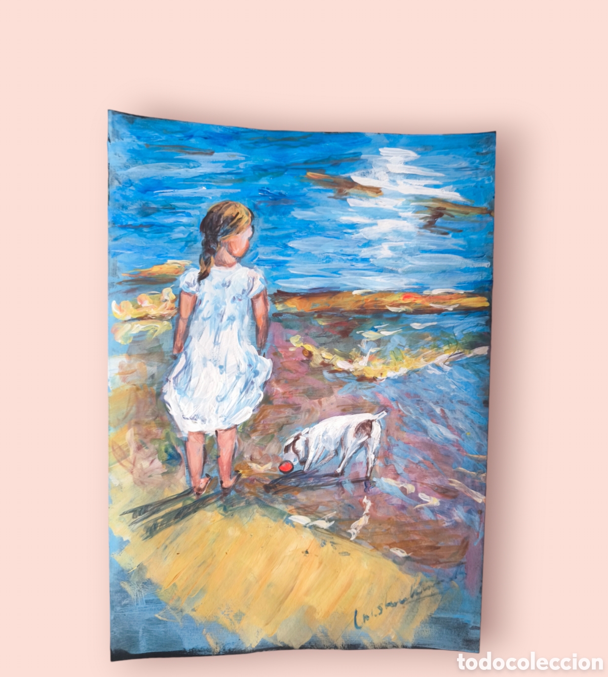 Arte: Ni&ntilde;a en la costa jugando con su perro
