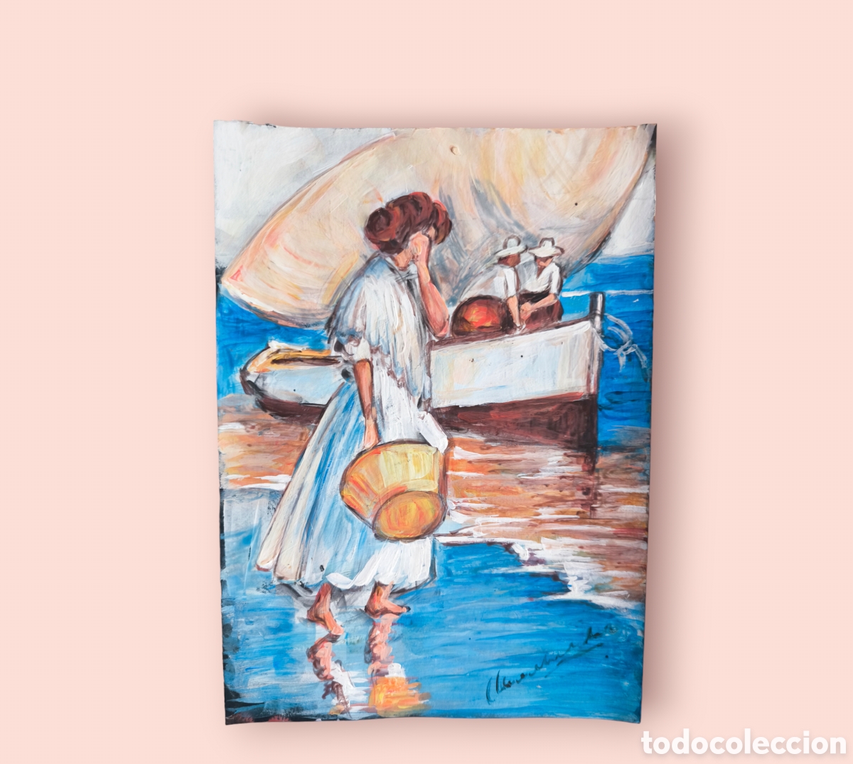 Arte: Mujer con cesta de esparto en la costa