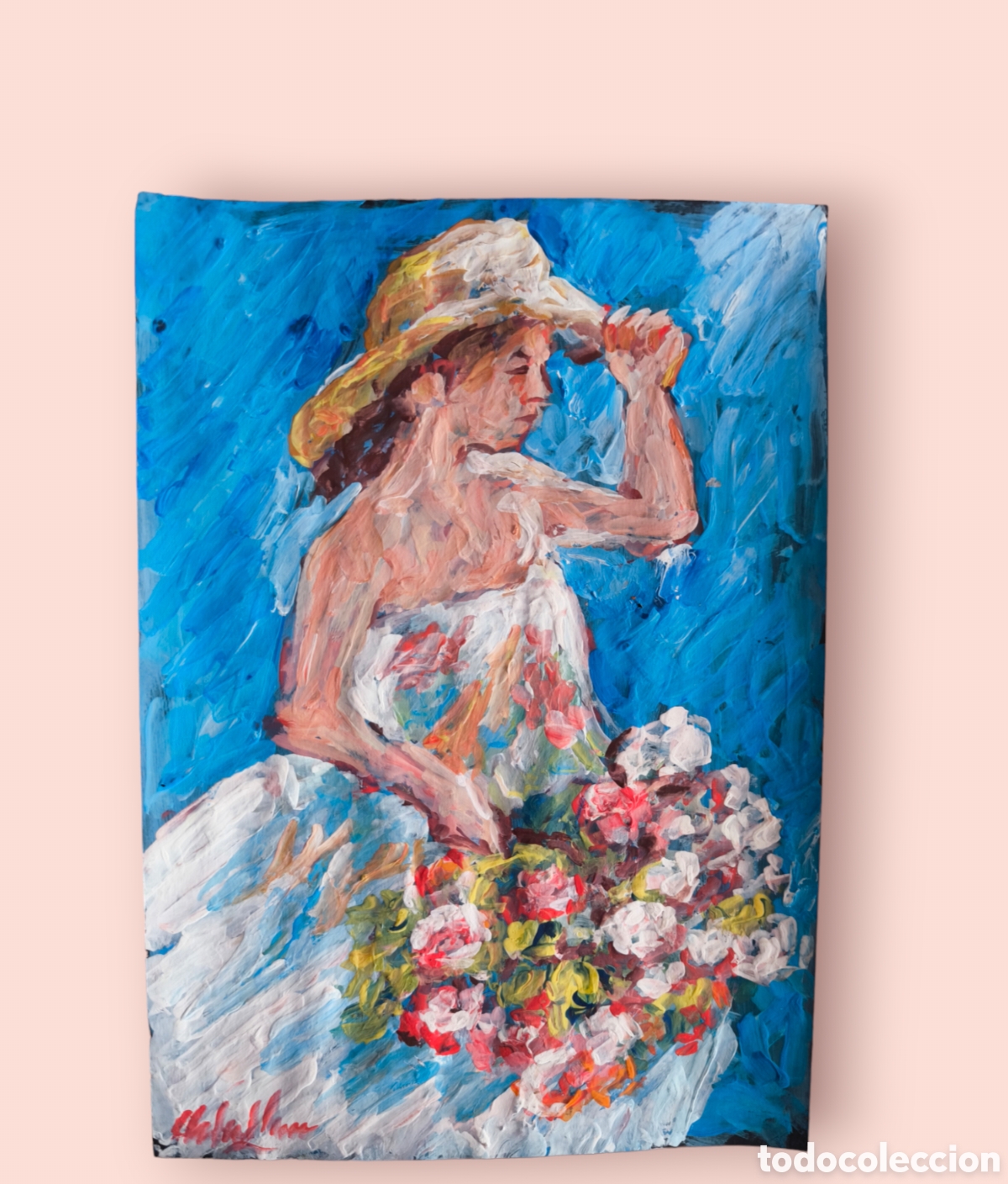 Arte: Chica con flores (original) - Foto 1