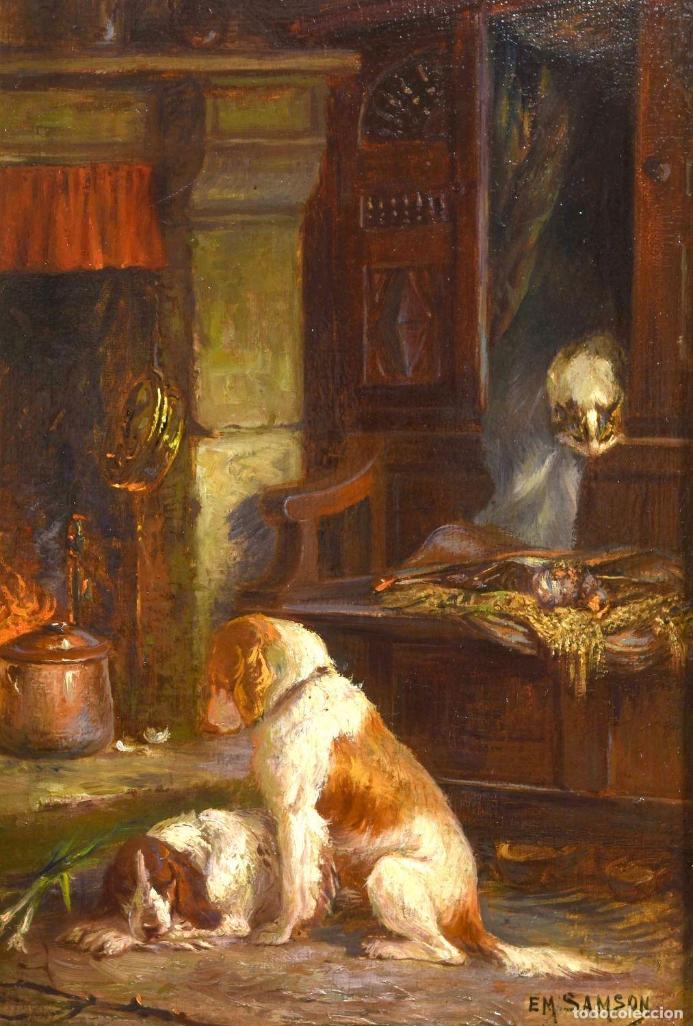 Arte: huile sur panneau par E M Samson Sc&egrave;ne canine - Foto 2