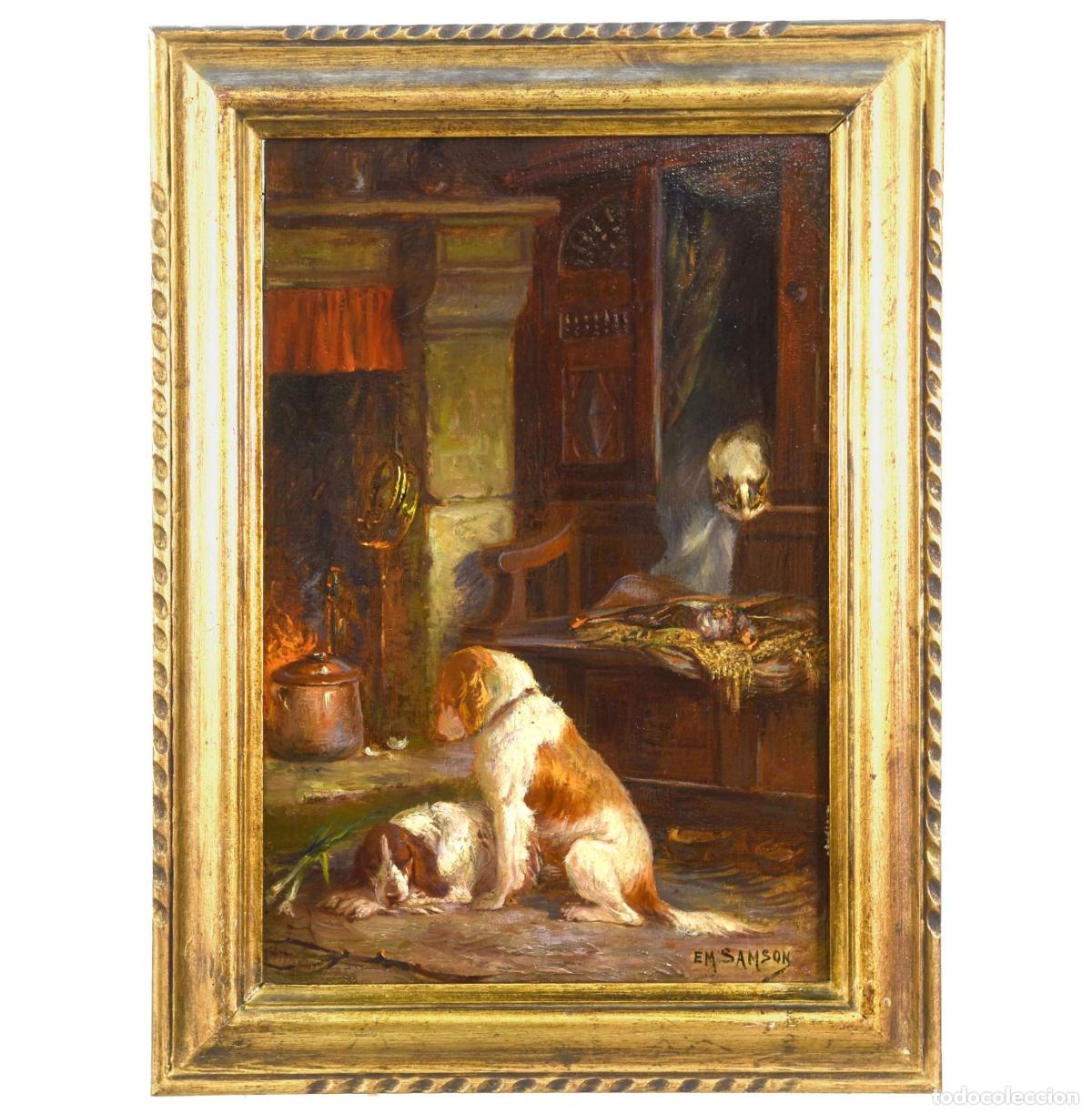 Arte: huile sur panneau par E M Samson Sc&egrave;ne canine - Foto 1