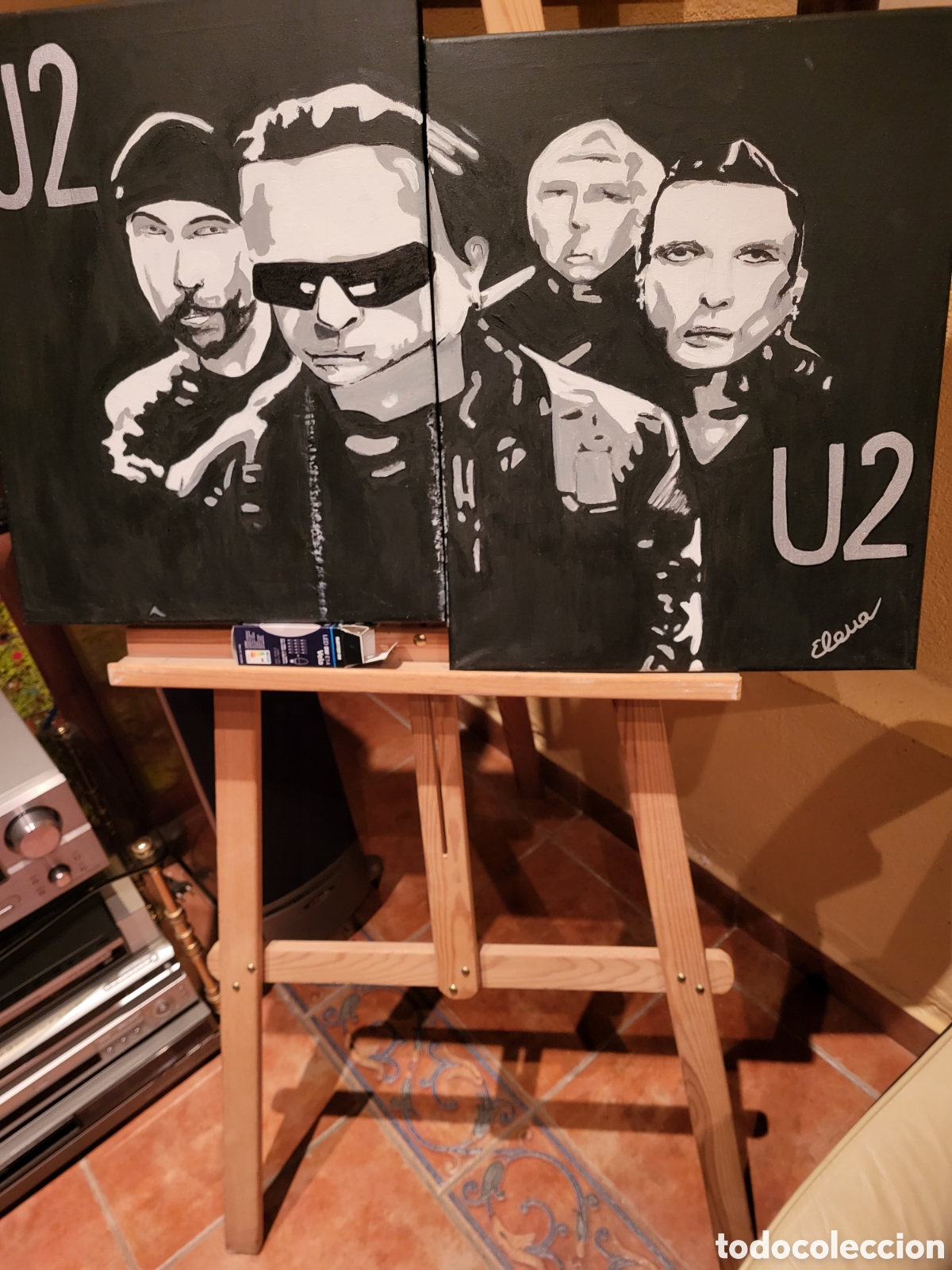 Arte: T&eacute;cnica mixta sobre tela. Retrato del grupo musical U2