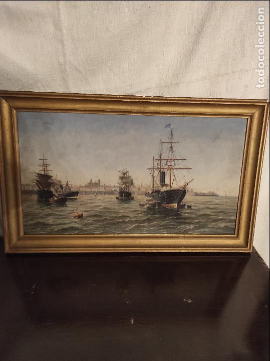 Arte: Oleo sobre lienzo puerto de cadiz - Foto 4