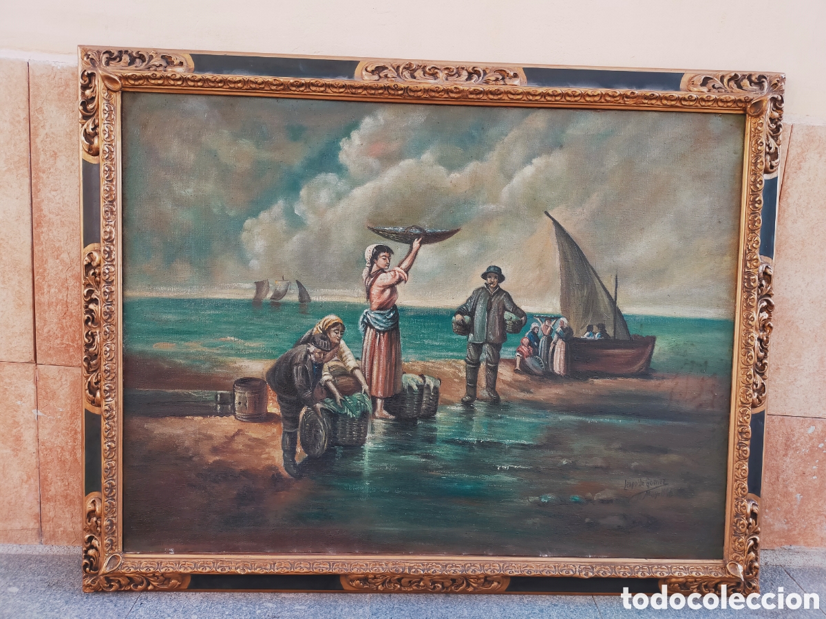Art: PESCADORES EN LA ORILLA DEL MAR. LEOPOLDO GOMEZ 1947. FIRMADO. OLEO SOBRE LIENZO.