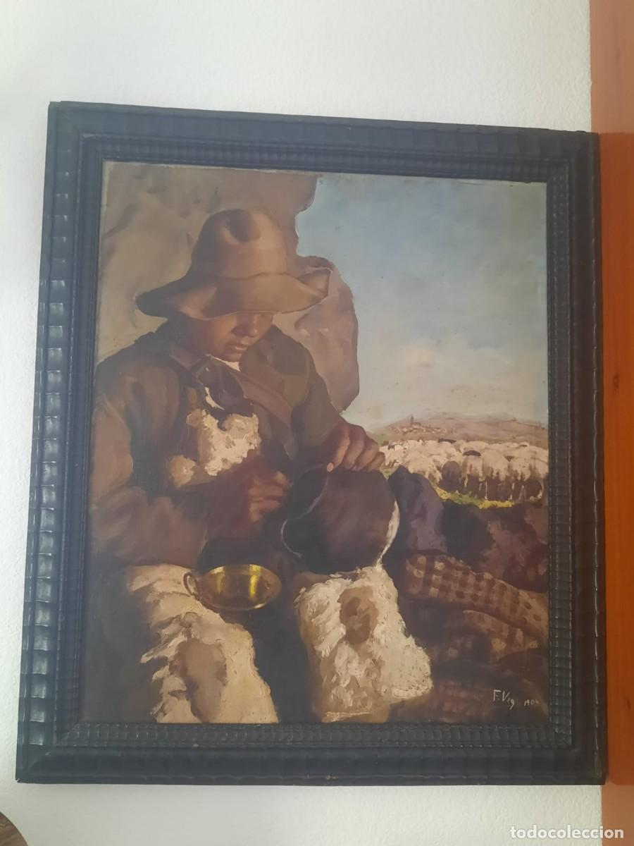Arte: &Oacute;leo de un pastor. Firmado E.Vega - Foto 1