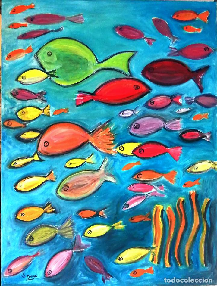 Arte: PINTURA MODERNA &Oacute;LEO, PECES, FONDO MARINO. 80 X 60 CMTRS.