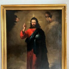 Arte: ANTIGUO OLEO SOBRE LIENZO RELIGIOSO JESUS SALVADOR CON MARCO MADERA Y DORADO - 135X102 CM RELIGIOSO