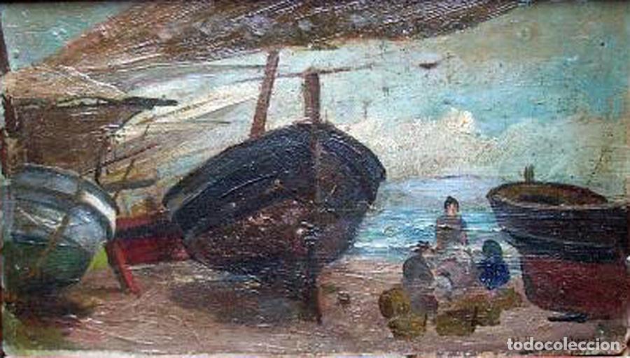 Arte: OLEO TABLA,H.ROMERO OROZCO, 1867-1920, REPARANDO RED, FECHADO 1913, 25,5X15,5