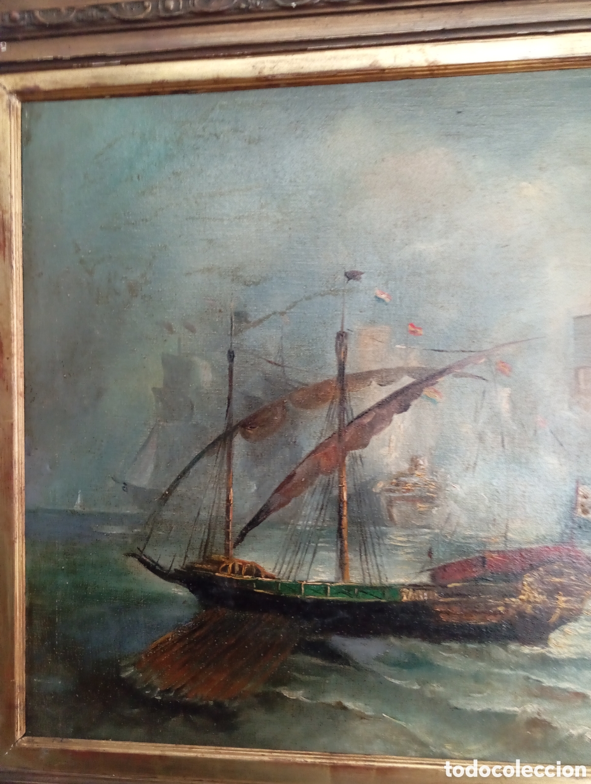 Arte: Antiguo oleo batalla naval - Foto 2