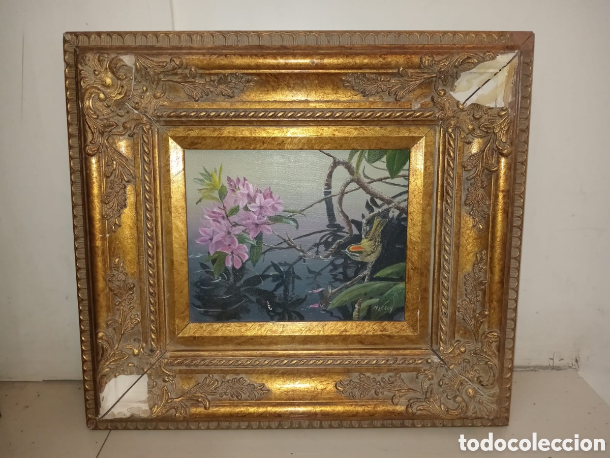 Kunst: Cuadro de p&aacute;jaro al &oacute;leo sobre tela en miniatura con marco de oro antiguo, firmado.