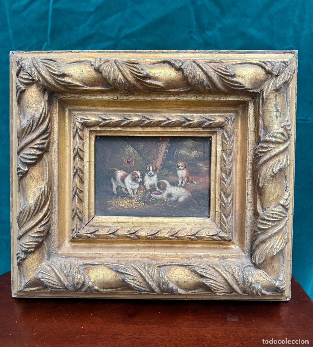 Arte: &Oacute;leo sobre tabla, perros en el campo con gran marco en madera. - Foto 1