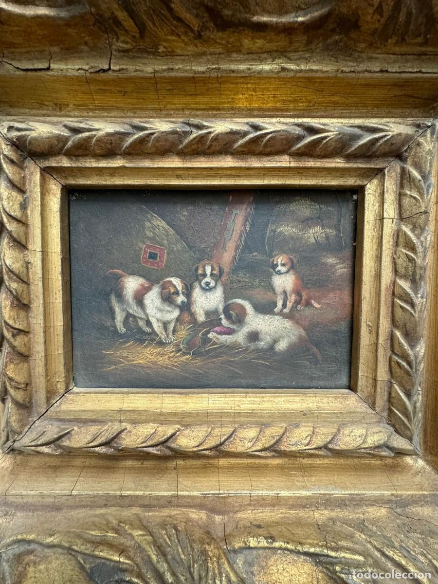 Arte: &Oacute;leo sobre tabla, perros en el campo con gran marco en madera. - Foto 2