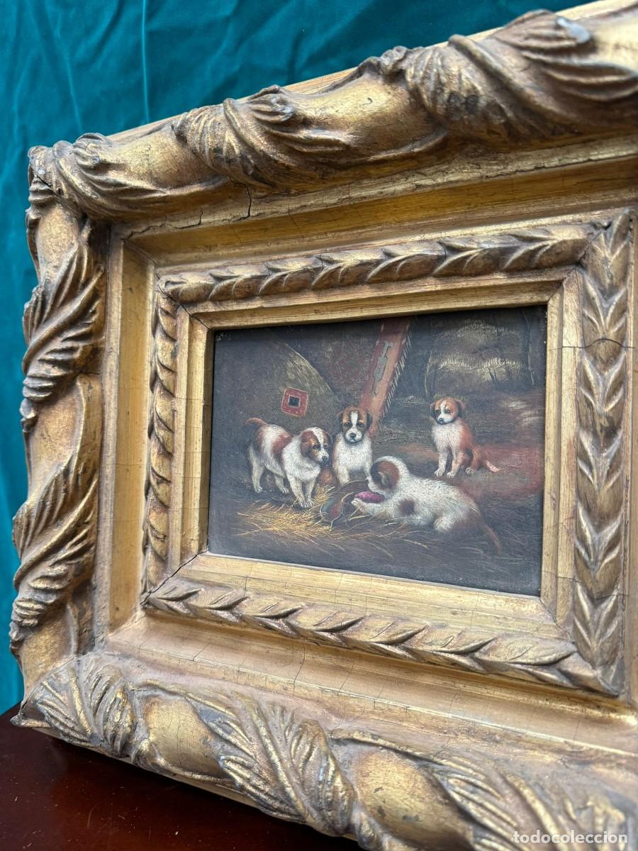 Arte: &Oacute;leo sobre tabla, perros en el campo con gran marco en madera. - Foto 3