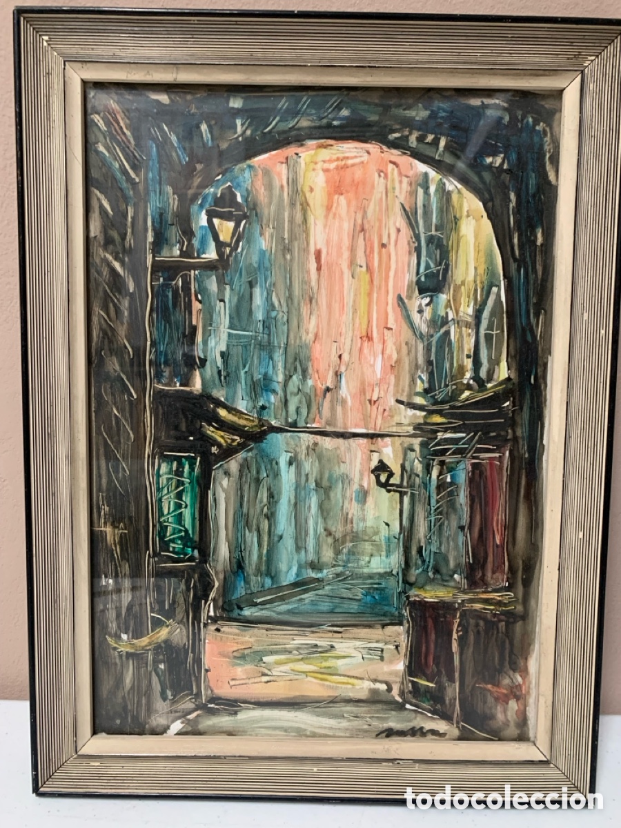 Arte: Firma desconocida, t&eacute;cnica mixta, Barcelona barrio g&oacute;tico , 23,5x33,5 obra y 29,5x39,5 con marco