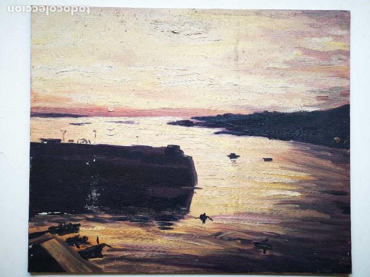 Arte: Oleo muelle de Luanco al atardecer firmado 1994