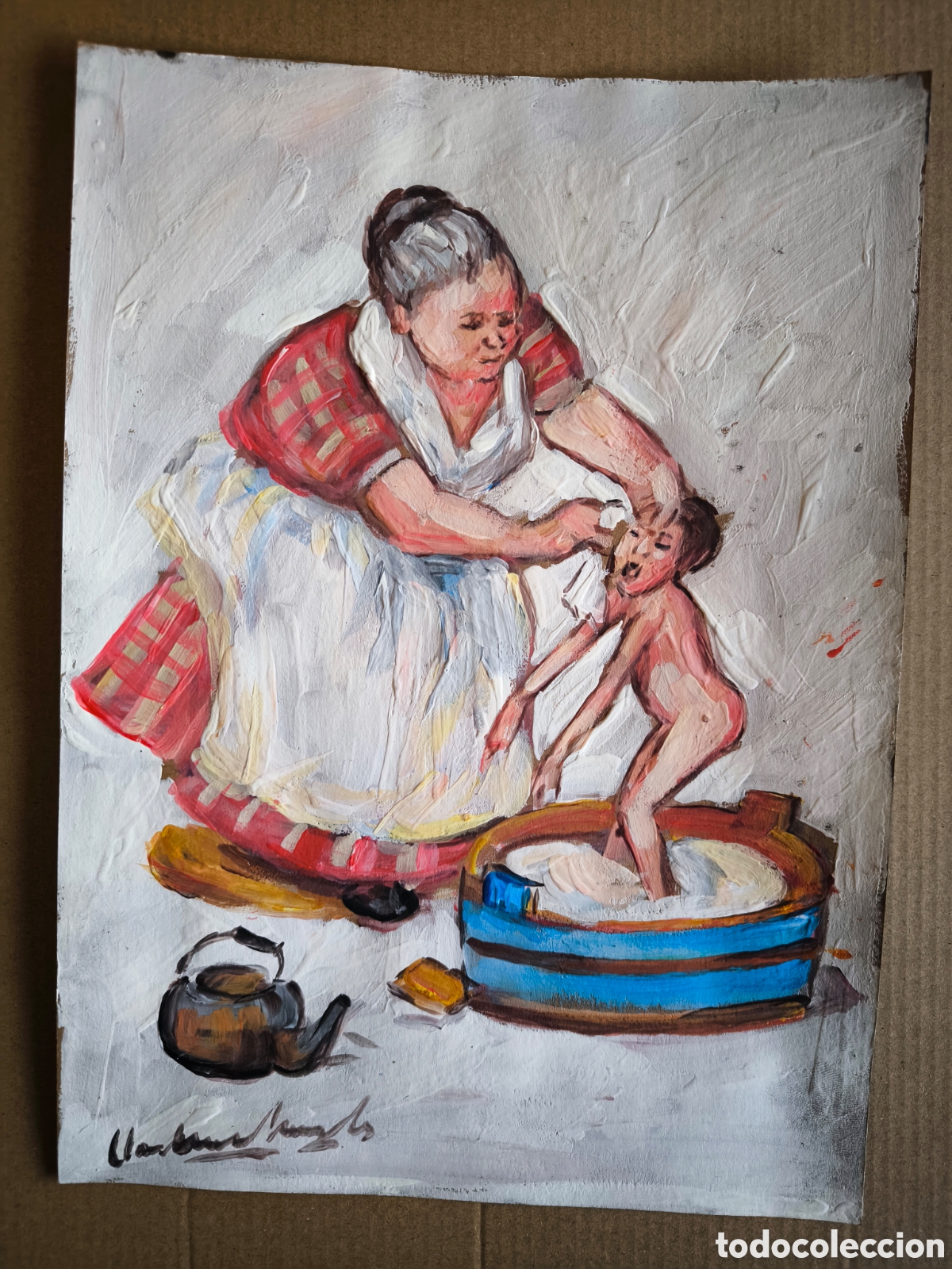 Arte: Criada ba&ntilde;ando al ni&ntilde;o ( original ) acr&iacute;lico