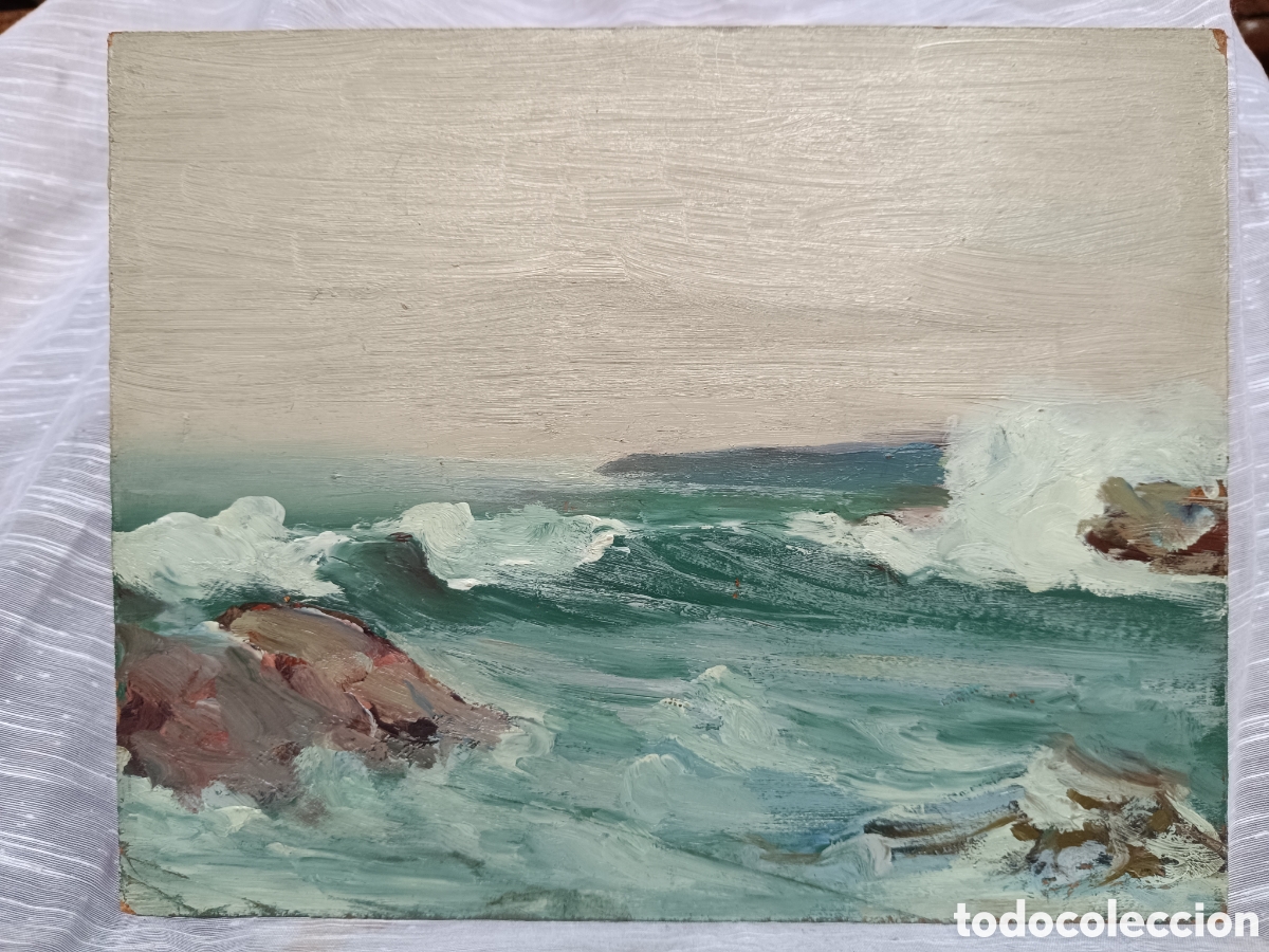 Arte: Oleo marina olas rompiendo en las rocas - Foto 1