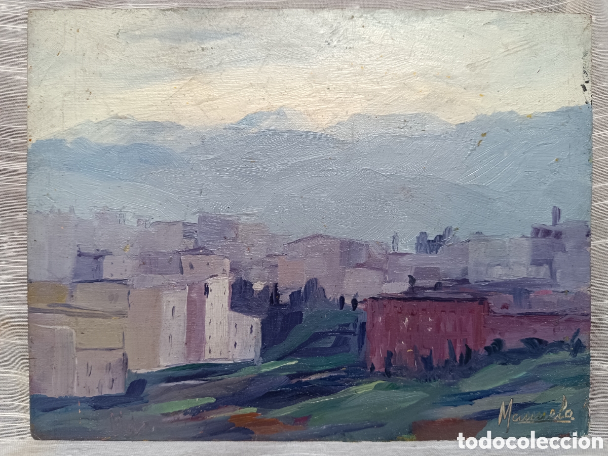 Arte: Oleo paisaje monta&ntilde;a pueblo por Manuela